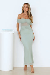 Swan Song Off Shoulder Mesh Maxi Dress Sage